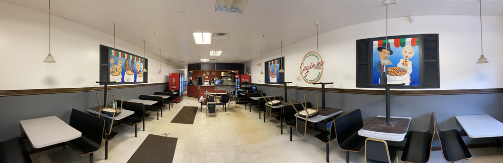 Panoramic photo of restaurant(In reality, wall is not curved--photo appears this way)